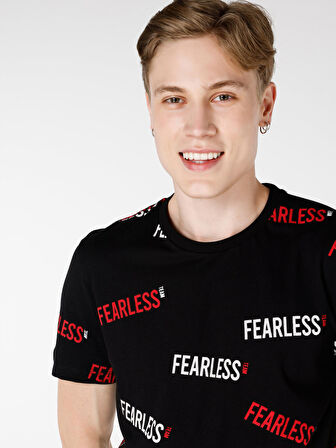 Regular Fit Bisiklet Yaka Baskılı Siyah Erkek Kısa Kol Tişört