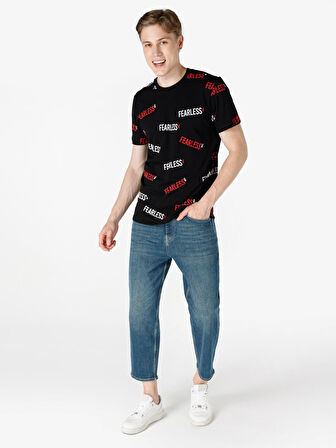 Regular Fit Bisiklet Yaka Baskılı Siyah Erkek Kısa Kol Tişört