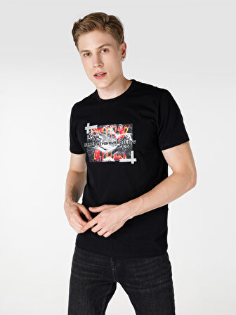 Regular Fit Bisiklet Yaka Baskılı Siyah Erkek Kısa Kol Tişört