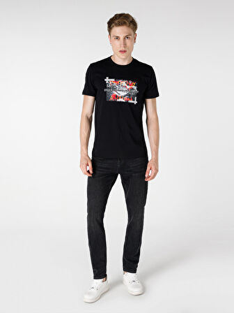 Regular Fit Bisiklet Yaka Baskılı Siyah Erkek Kısa Kol Tişört