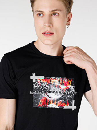 Regular Fit Bisiklet Yaka Baskılı Siyah Erkek Kısa Kol Tişört