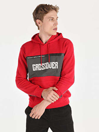 Regular Fit Kapüşonlu Baskılı Kırmızı Erkek Sweatshirt