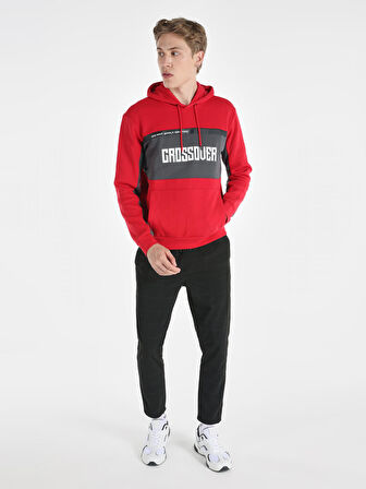 Regular Fit Kapüşonlu Baskılı Kırmızı Erkek Sweatshirt