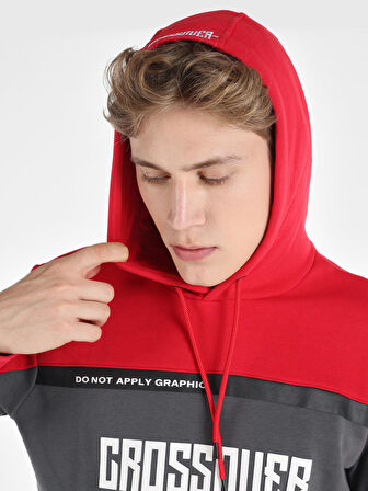 Regular Fit Kapüşonlu Baskılı Kırmızı Erkek Sweatshirt