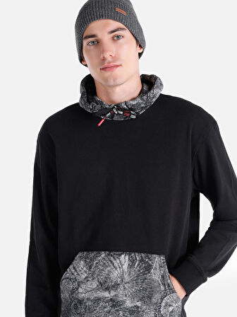 Regular Fit Baskılı Kapüşonlu Siyah Erkek Sweatshirt