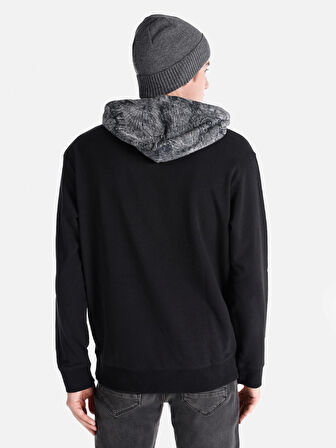 Regular Fit Baskılı Kapüşonlu Siyah Erkek Sweatshirt