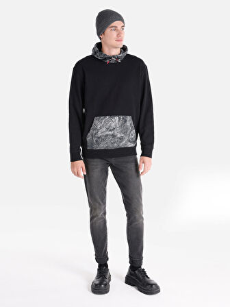 Regular Fit Baskılı Kapüşonlu Siyah Erkek Sweatshirt
