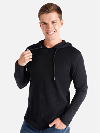 Regular Fit Kapüşonlu Siyah Erkek Uzun Kol Tişört