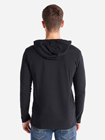 Regular Fit Kapüşonlu Siyah Erkek Uzun Kol Tişört
