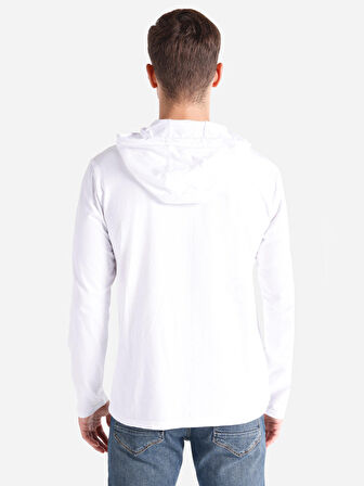 Regular Fit Kapüşonlu Basic Beyaz Erkek Uzun Kol Tişört