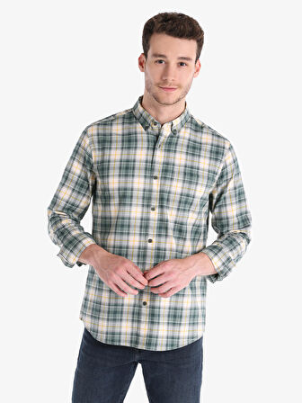Slim Fit Shirt Neck Ekoseli Yeşil Erkek Uzun Kol Gömlek