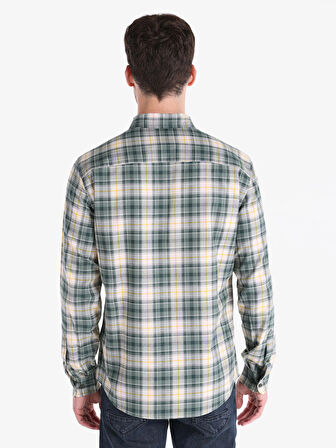 Slim Fit Shirt Neck Ekoseli Yeşil Erkek Uzun Kol Gömlek