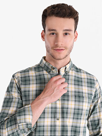 Slim Fit Shirt Neck Ekoseli Yeşil Erkek Uzun Kol Gömlek