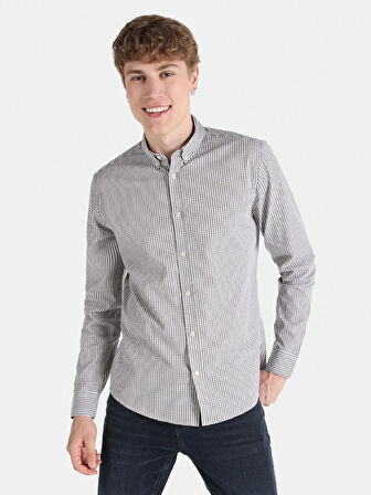 Slim Fit Kareli Gri Erkek Uzun Kol Gömlek