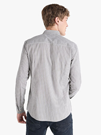 Slim Fit Kareli Gri Erkek Uzun Kol Gömlek
