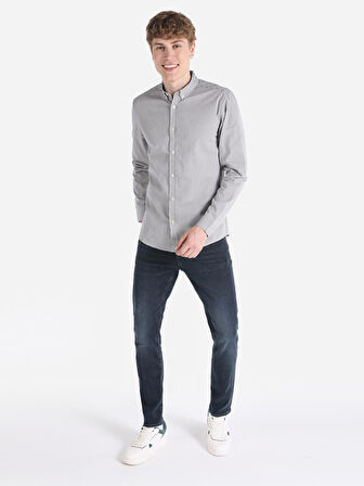 Slim Fit Kareli Gri Erkek Uzun Kol Gömlek