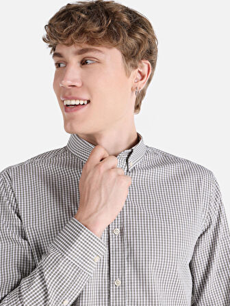 Slim Fit Kareli Gri Erkek Uzun Kol Gömlek