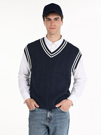 V Yaka Süveter Lacivert Erkek Kazak