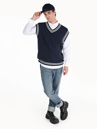 V Yaka Süveter Lacivert Erkek Kazak