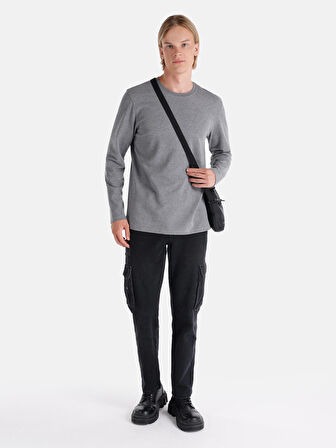 Regular Fit Bisiklet Yaka Basic Gri Erkek Uzun Kol Tişört