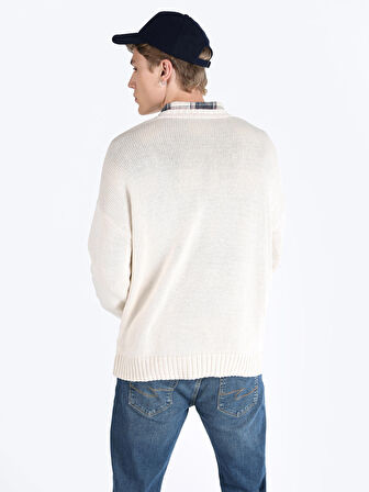 Regular Fit Baskılı Örme Beyaz Erkek Kazak