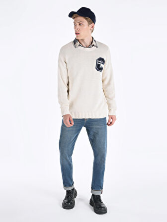 Regular Fit Baskılı Örme Beyaz Erkek Kazak