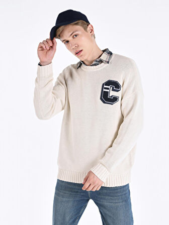 Regular Fit Baskılı Örme Beyaz Erkek Kazak