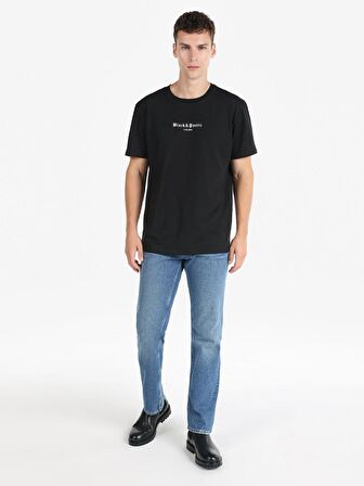 Regular Fit Bisiklet Yaka Baskılı Siyah Erkek Kısa Kol Tişört