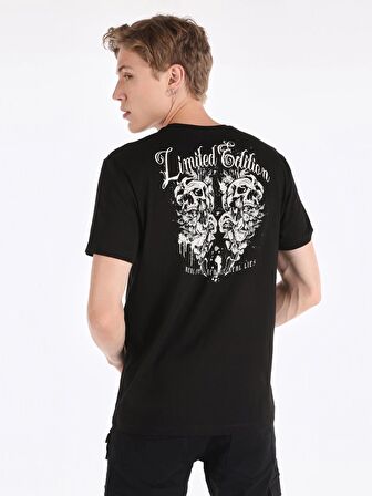 Regular Fit Bisiklet Yaka Baskılı Siyah Erkek Kısa Kol Tişört