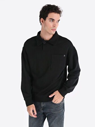 Regular Fit Polo Yaka Siyah Erkek Uzun Kol Tişört