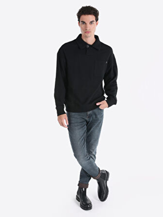 Regular Fit Polo Yaka Siyah Erkek Uzun Kol Tişört