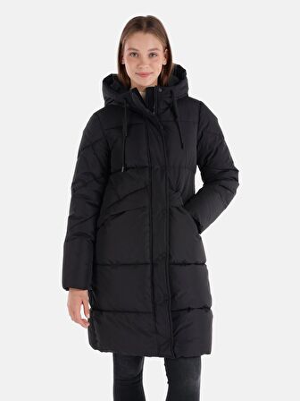 Regular Fit Kapüşonlu Şişme Uzun Siyah Kadın Kaban
