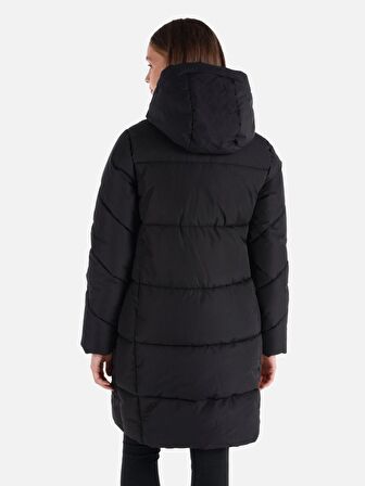 Regular Fit Kapüşonlu Şişme Uzun Siyah Kadın Kaban