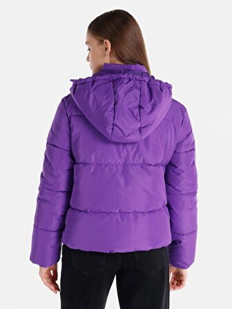 Regular Fit Kapüşonlu Şişme Mor Kadın Mont