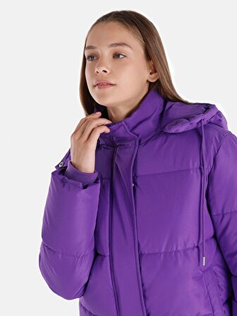 Regular Fit Kapüşonlu Şişme Mor Kadın Mont