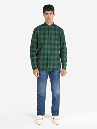 Slim Fit Kareli Yeşil Erkek Uzun Kol Gömlek