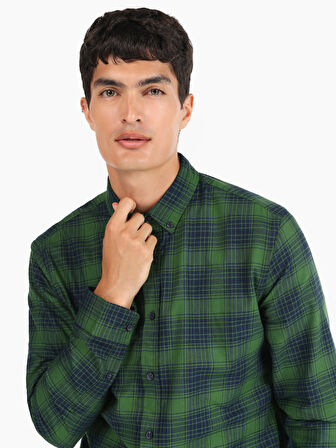 Slim Fit Kareli Yeşil Erkek Uzun Kol Gömlek