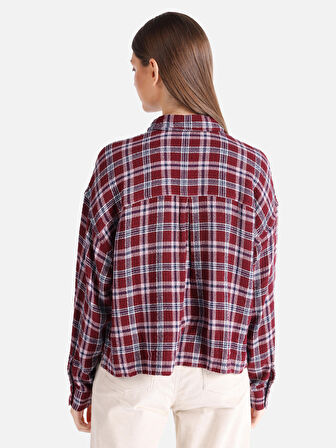 Regular Fit Ekoseli Bordo Kadın Uzun Kol Gömlek