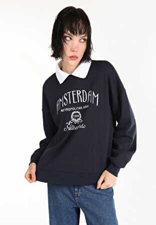 Regular Fit Polo Yaka Nakışlı Kadın Lacivert Sweatshirt