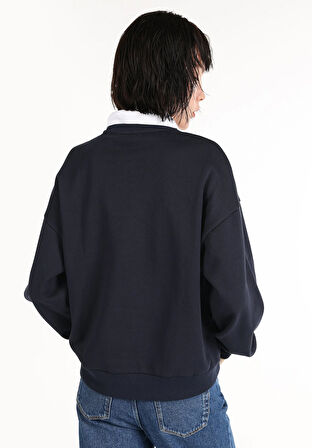 Regular Fit Polo Yaka Nakışlı Kadın Lacivert Sweatshirt