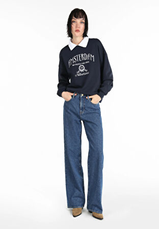 Regular Fit Polo Yaka Nakışlı Kadın Lacivert Sweatshirt