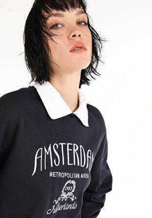 Regular Fit Polo Yaka Nakışlı Kadın Lacivert Sweatshirt
