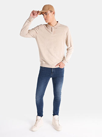 Polo Yaka Basic Bej Erkek Uzun Kol Tişört