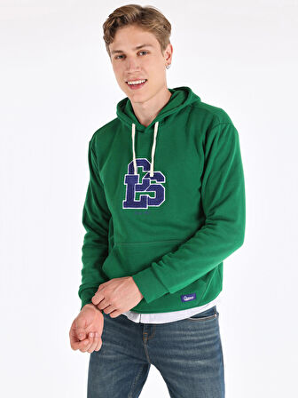 Regular Fit Baskılı Kapüşonlu Yeşil Erkek Sweatshirt
