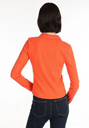 Slim Fit Polo Yaka Düz Kadın Turuncu Uzun Kol Tişört