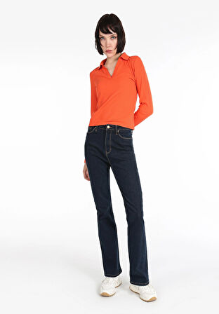 Slim Fit Polo Yaka Düz Kadın Turuncu Uzun Kol Tişört