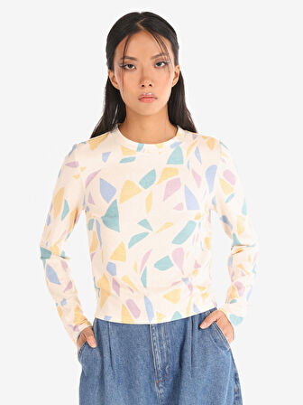 Dar Kesim Desenli Çok Renkli Kadın Uzun Kol Tişört