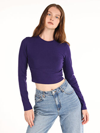 Slim Fit Bisiklet Yaka Crop Mor Kadın Uzun Kol Tişört