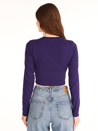 Slim Fit Bisiklet Yaka Crop Mor Kadın Uzun Kol Tişört