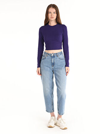 Slim Fit Bisiklet Yaka Crop Mor Kadın Uzun Kol Tişört
